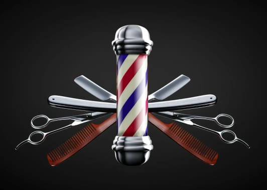 A barber pole with scissors and clippers in front of it.